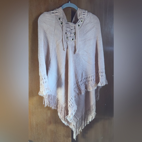 Source Unknown Sweaters - Source Unknown Lace-Up Hooded Fringe Poncho in Light Beige
